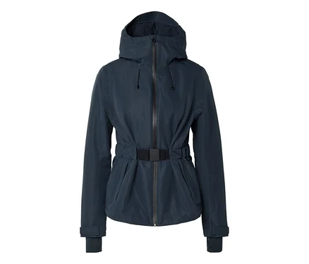 Veste à capuche bleu foncé avec fermeture éclair, ceinture noire à la taille et poignets ajustables.