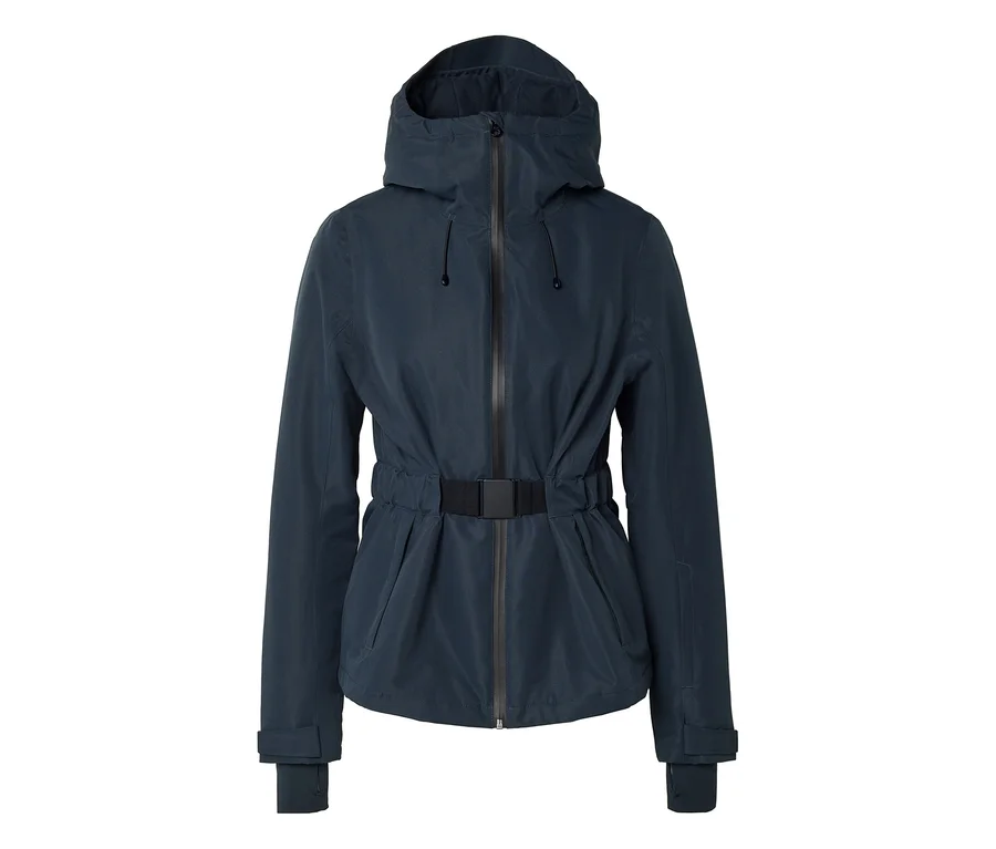 Veste à capuche bleu foncé avec fermeture éclair, ceinture noire à la taille et poignets ajustables.