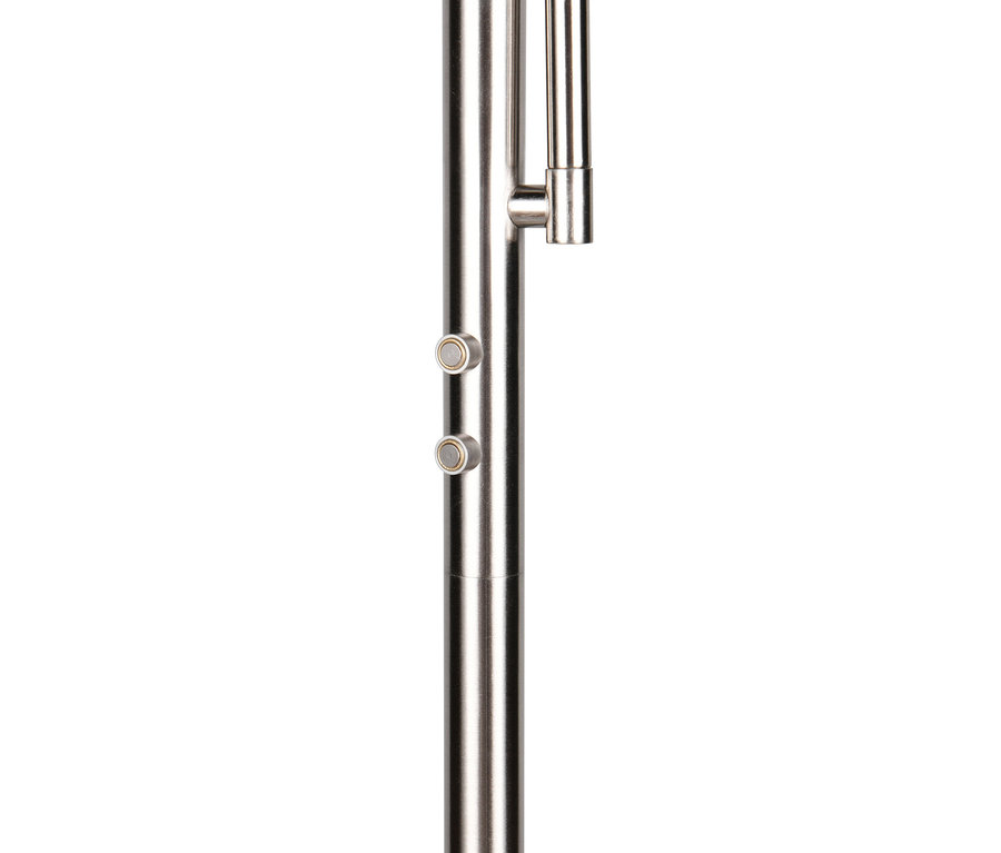 Poteau en métal brossé avec deux boutons magnétiques circulaires sur le côté et une tige métallique plus fine fixée en haut, sur fond blanc.