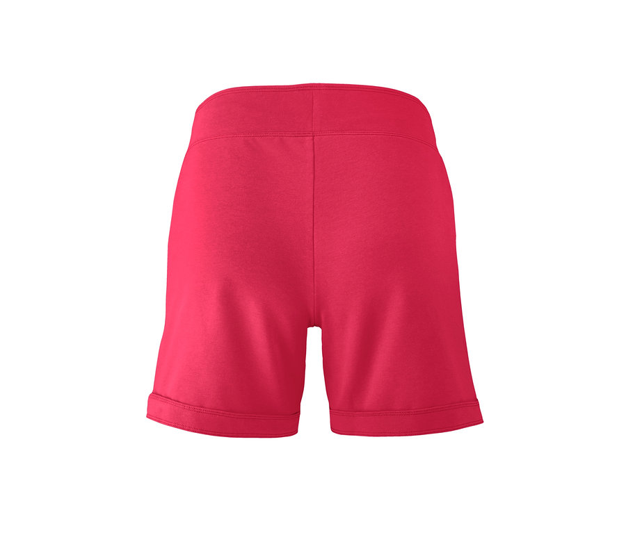 Vue arrière d'un short rouge avec ourlets sur fond blanc.