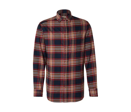 Chemise à carreaux à manches longues de couleur bleu marine, rouge et marron.