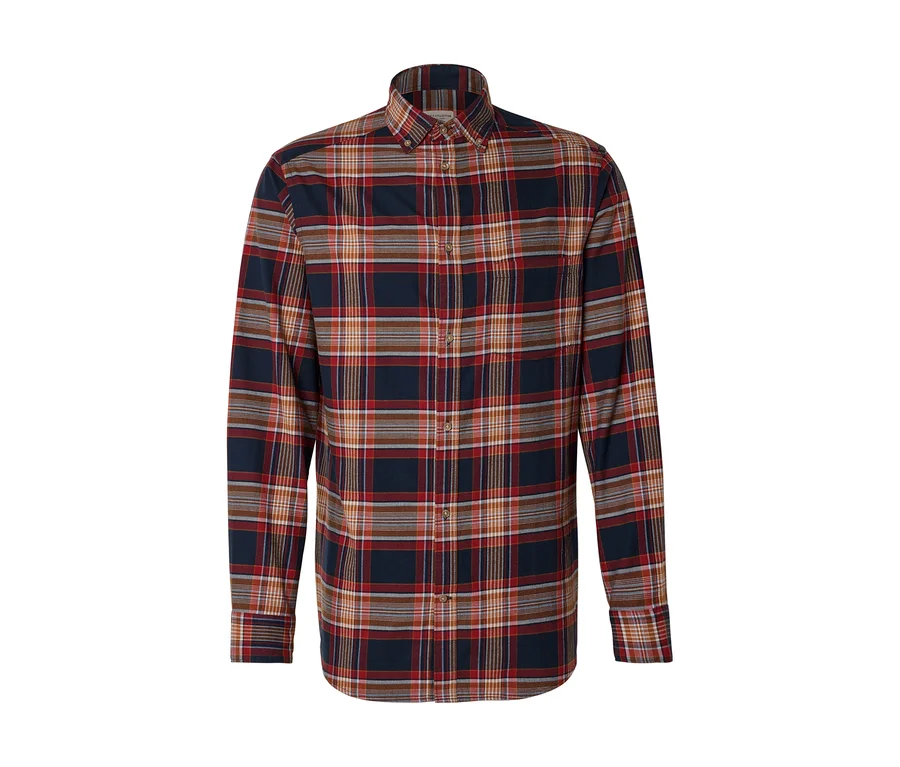 Chemise à carreaux à manches longues de couleur bleu marine, rouge et marron.
