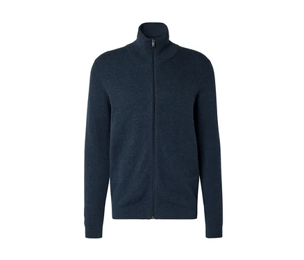 Cardigan en maille bleu foncé avec col montant et fermeture éclair intégrale.