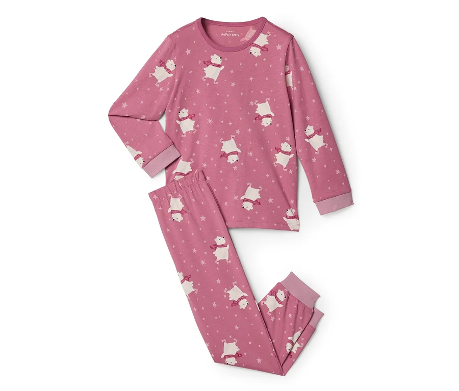 Pyjama enfant rose à manches longues et pantalon, imprimé d'ours polaires blancs avec des écharpes rayées rouge et blanc et des étoiles.