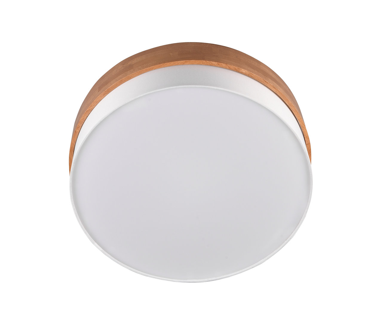 Plafonnier rond Trio « Seasons » avec diffuseur blanc et bord en bois clair.