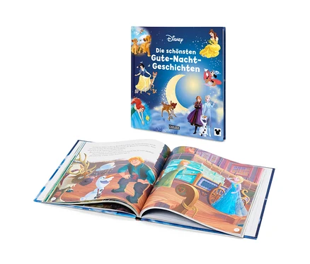 Un livre ouvert présente une illustration de personnages du film La Reine des Neiges, tandis qu'un autre livre intitulé Les plus belles histoires du soir est visible en arrière-plan.