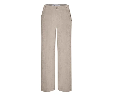 Pantalon en velours côtelé Street One beige clair à coupe large et boutons décoratifs sur les côtés de la taille.