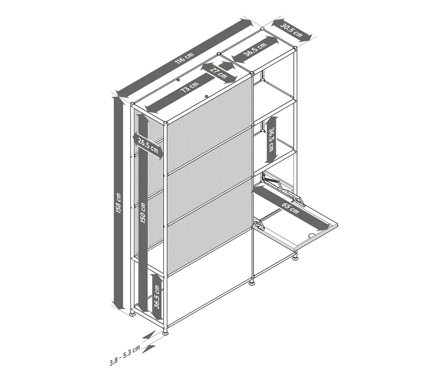 Dessin technique d'une armoire métallique CN3 Slim Line avec dos en maille, deux compartiments à abattants, dont un ouvert, et des étagères, avec les dimensions.