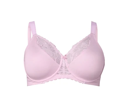 Soutien-gorge minimiseur rose avec dentelle et bretelles réglables.