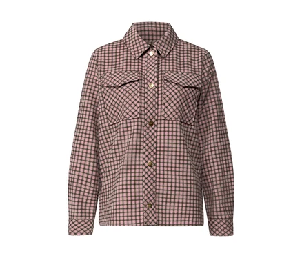 Veste Street One à carreaux roses et gris foncé, avec col, boutons et deux poches poitrine.