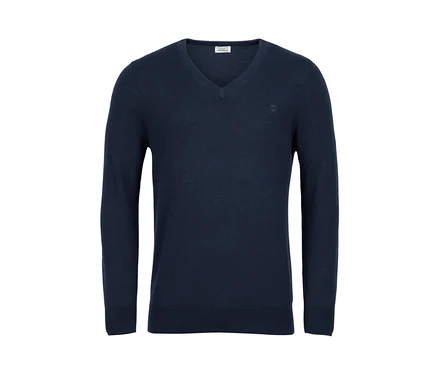 Pull en lin bleu marine avec col en V.