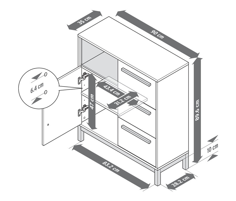 Dimensions du meuble de salle de bain ouvert « Eklund ».