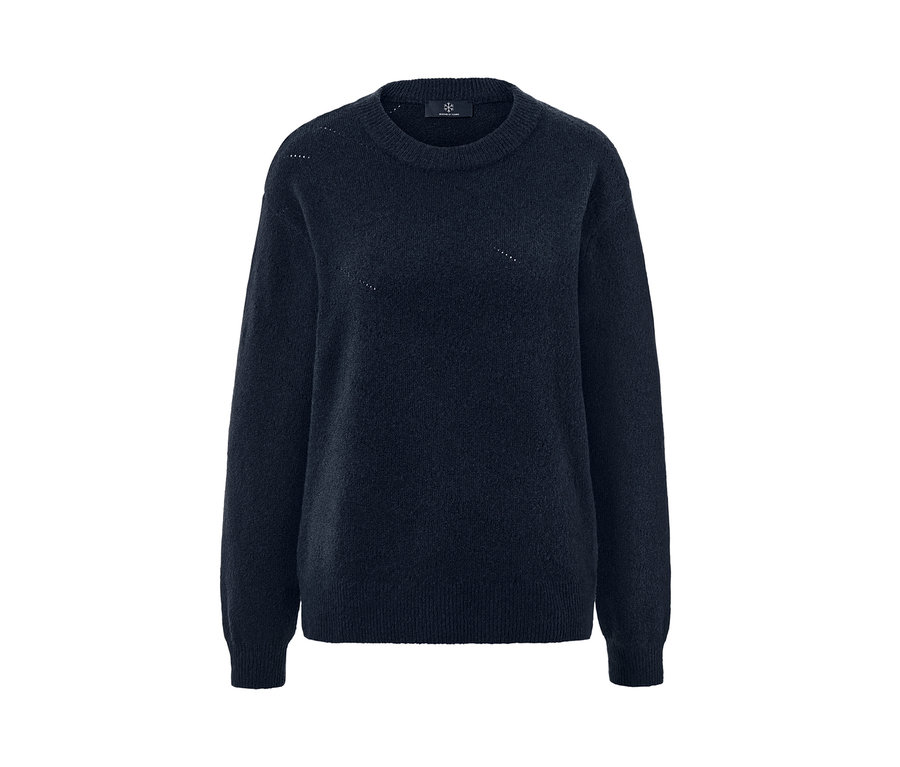 Pull en maille à motif ajouré de couleur bleu marine.
