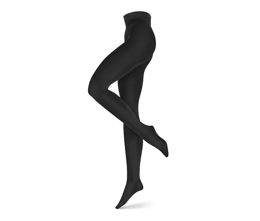 Jambes de mannequin portant des collants thermiques noirs.