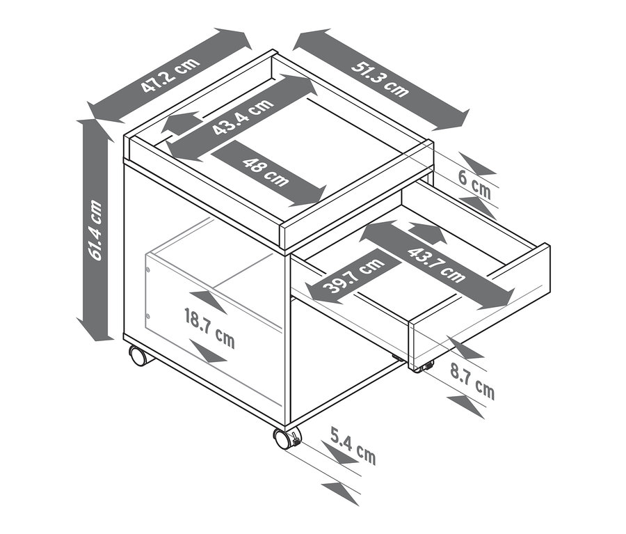 Schéma d'un conteneur roulant avec plateau et dimensions.
