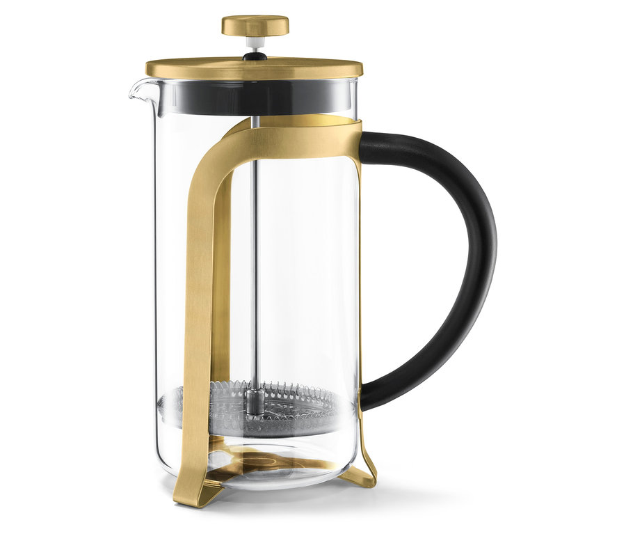 Une cafetière à piston dorée de 800 ml pour 6 tasses avec une poignée noire sur fond blanc.