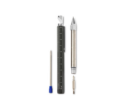 Un stylo multifonction noir avec une règle, un ouvre-bouteille et un tournevis.
