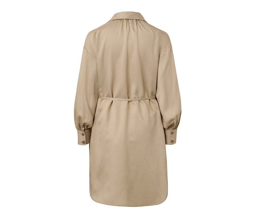 Vue arrière d'une blouse longue beige en lin mélangé avec des manches longues et une ceinture.