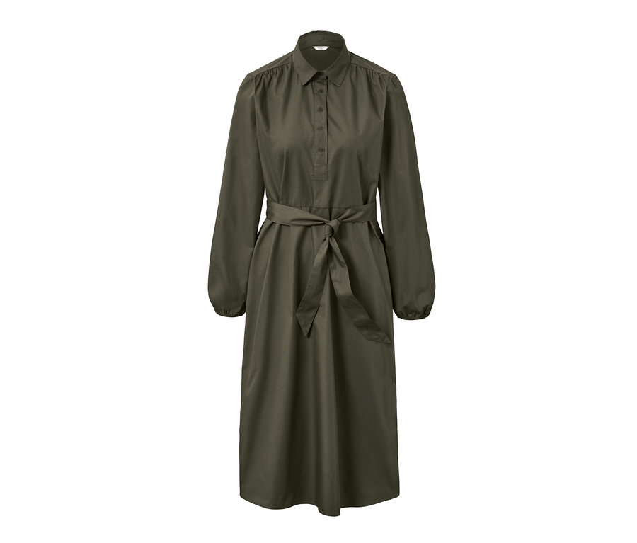 Robe en popeline vert olive avec ceinture à nouer.