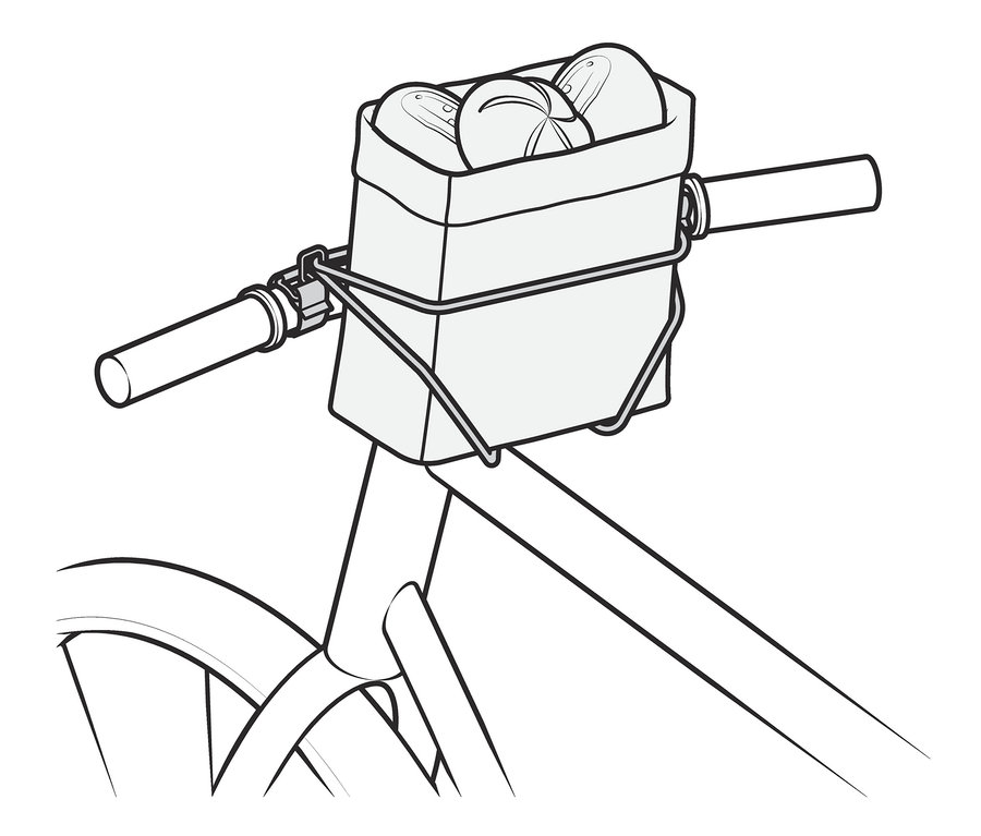Panier avec des baguettes fixé au guidon avec une sangle de fixation.