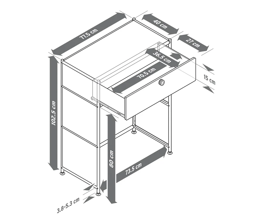 Schéma d'une console en métal noire « CN3 » avec un tiroir.