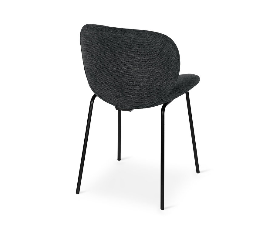 Chaise design rembourrée gris foncé vue de dos.