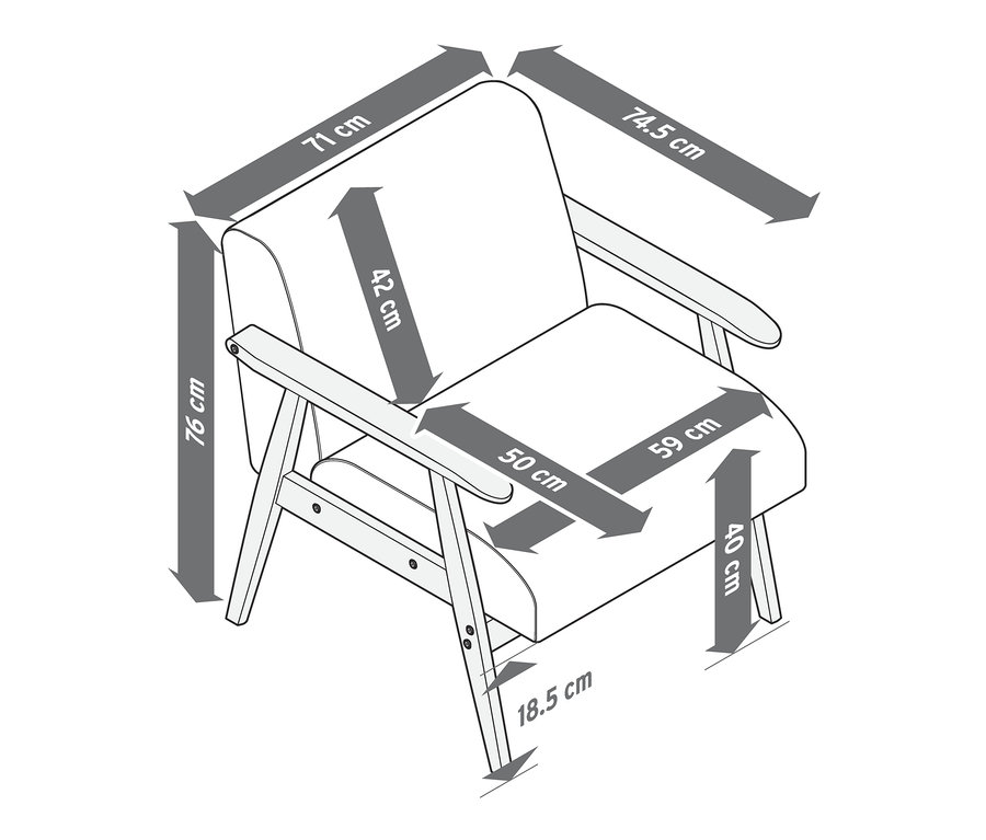 Dimensions du fauteuil bleu avec accoudoirs.