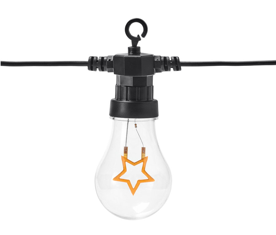 Gros plan d'une guirlande lumineuse à filament LED avec une ampoule en forme d'étoile.