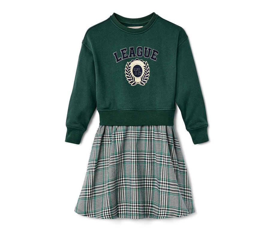 Robe molletonnée verte avec jupe tissée à carreaux.