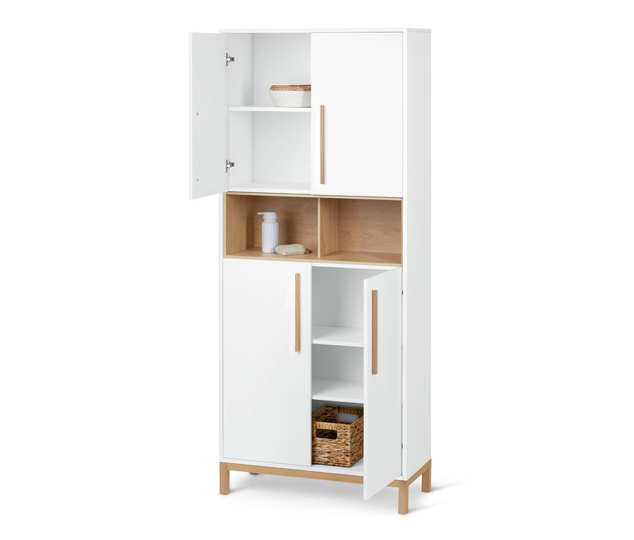 Une armoire haute de salle de bain «	Eklund	» blanche avec des portes ouvertes révélant l'espace de stockage.