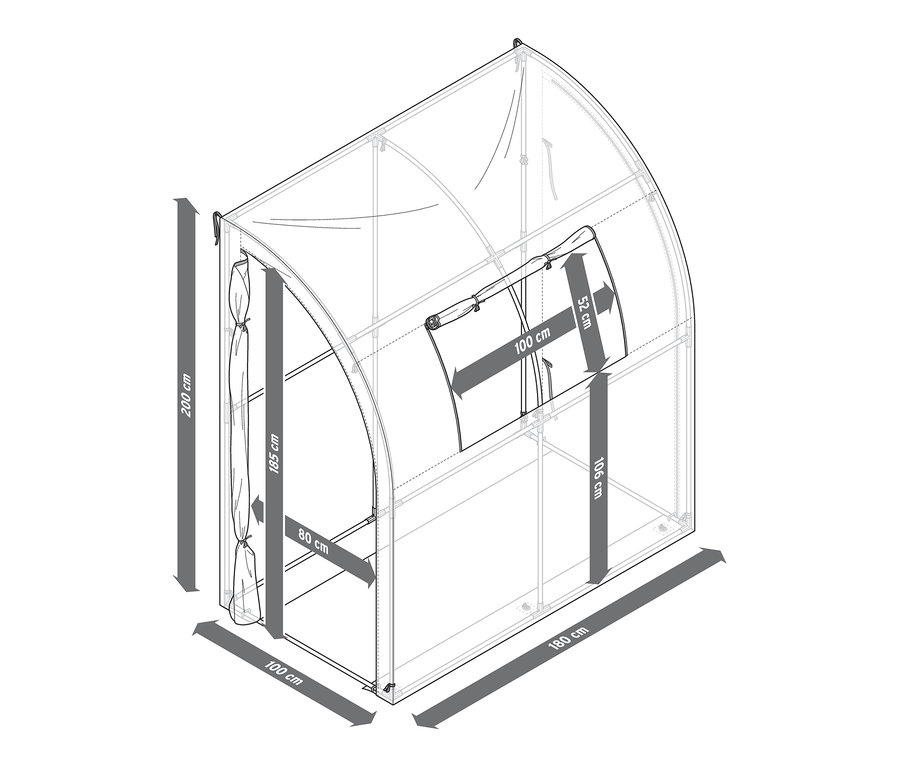 Schéma d'une serre inclinée pour protéger les plantes, mesurant 200 cm de haut, 100 cm de large et 180 cm de long.