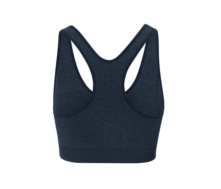Brassière de sport sans coutures bleu foncé vue de dos.
