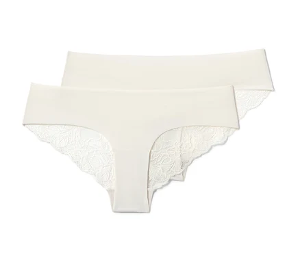 Deux slips brésiliens Magic Cut crème avec de la dentelle.