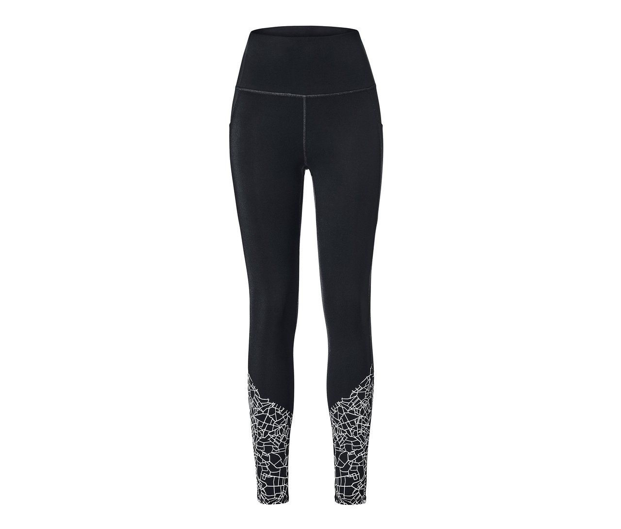 Legging de sport noir avec un motif géométrique blanc en bas des jambes.