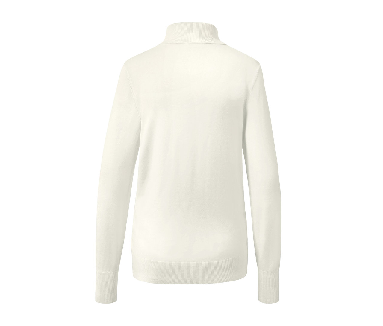 Vue détaillée de l'arrière d'un pull à col roulé en maille fine blanc crème.