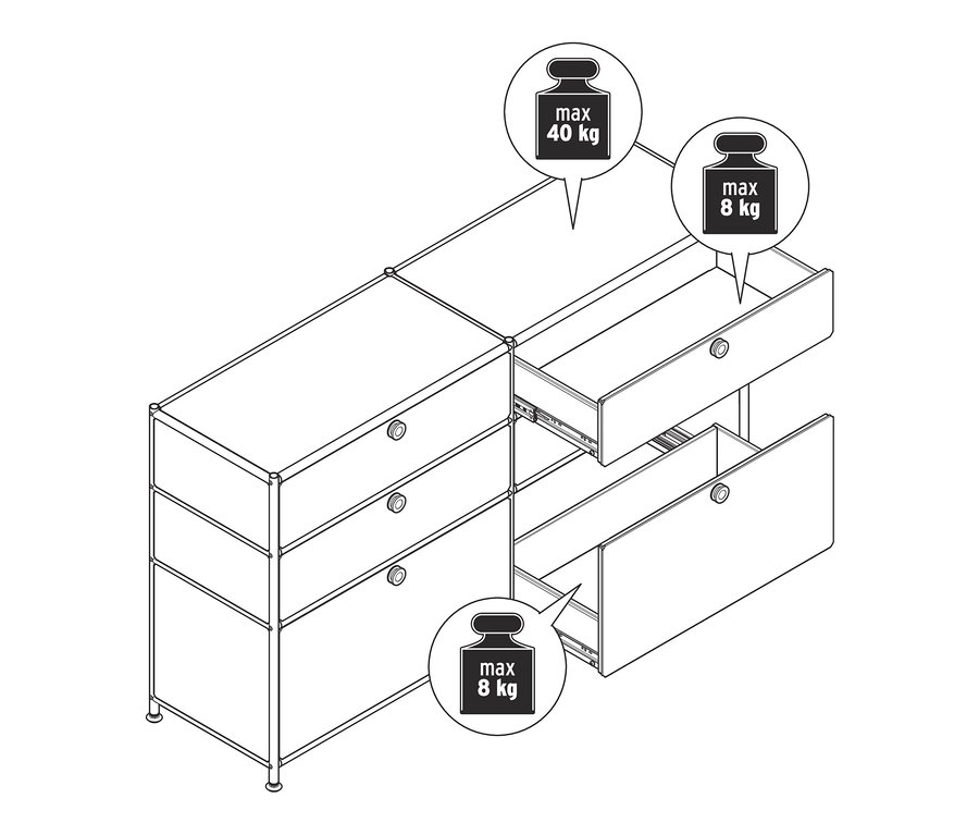 Schéma d'une commode en métal « CN3 » avec 6 tiroirs, dont deux sont ouverts.