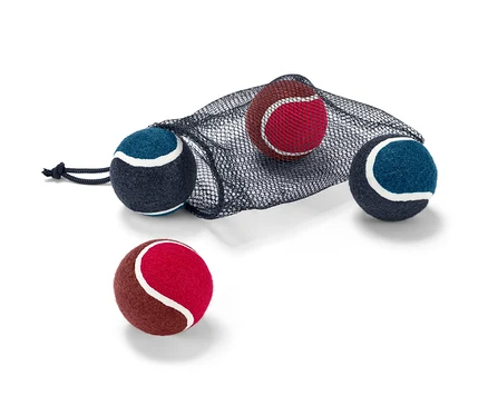 Quatre balles pour chien partiellement dans un sac en filet noir.