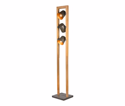 Lampadaire Trio »Bell« à 3 lampes avec cadre en bois et abat-jour noirs avec intérieur doré.