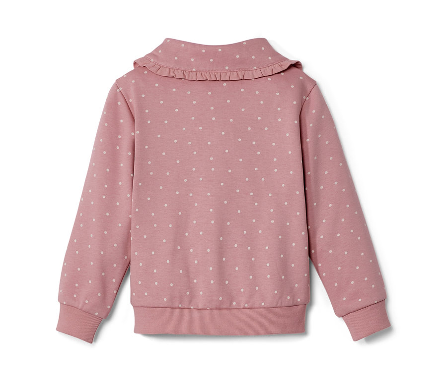 Veste en sweat rose à pois blancs avec volant au col pour enfant.