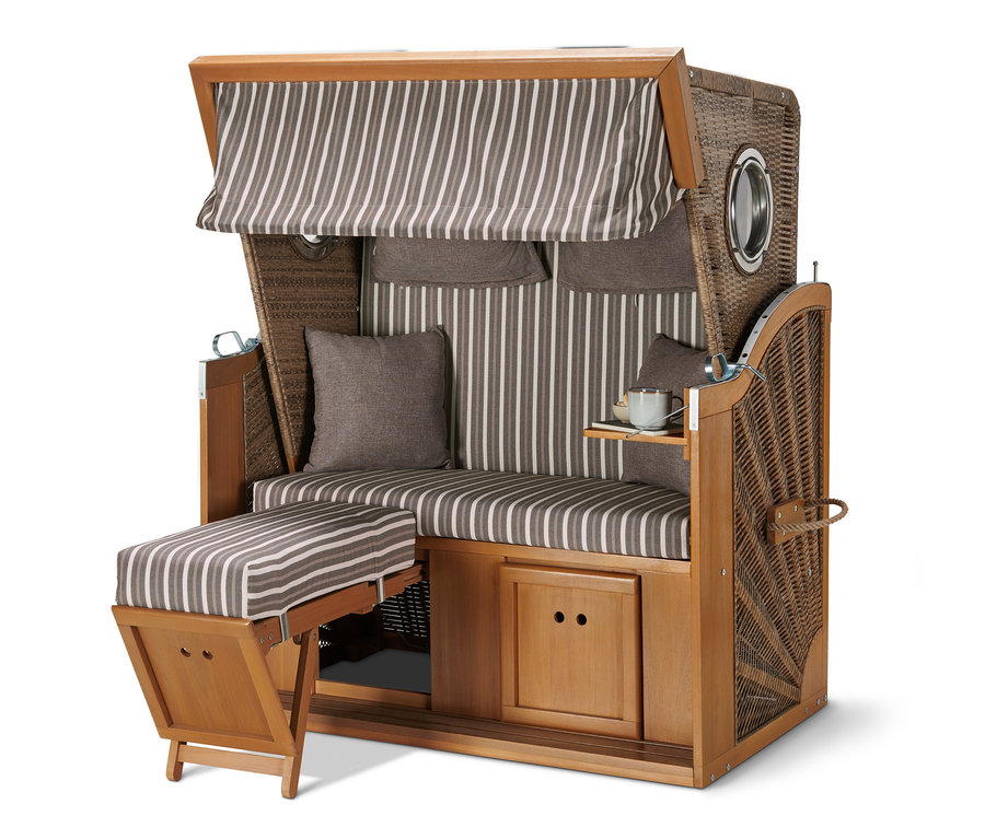 Corbeille de plage premium XL marron avec table rabattable et coussins rayés.