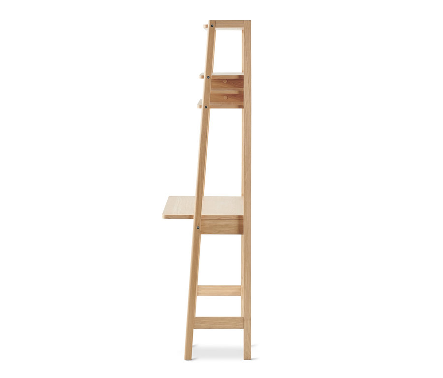 Vue latérale d'une étagère en bois avec secrétaire sur fond blanc.