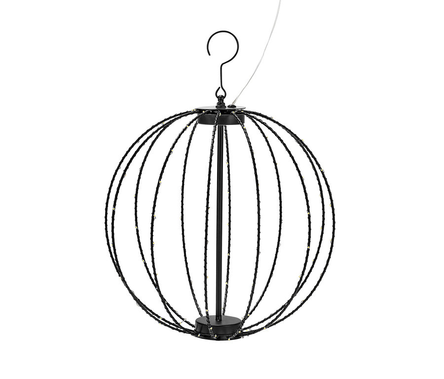 Une sphère LED noire en métal CH suspendue sur un fond blanc.