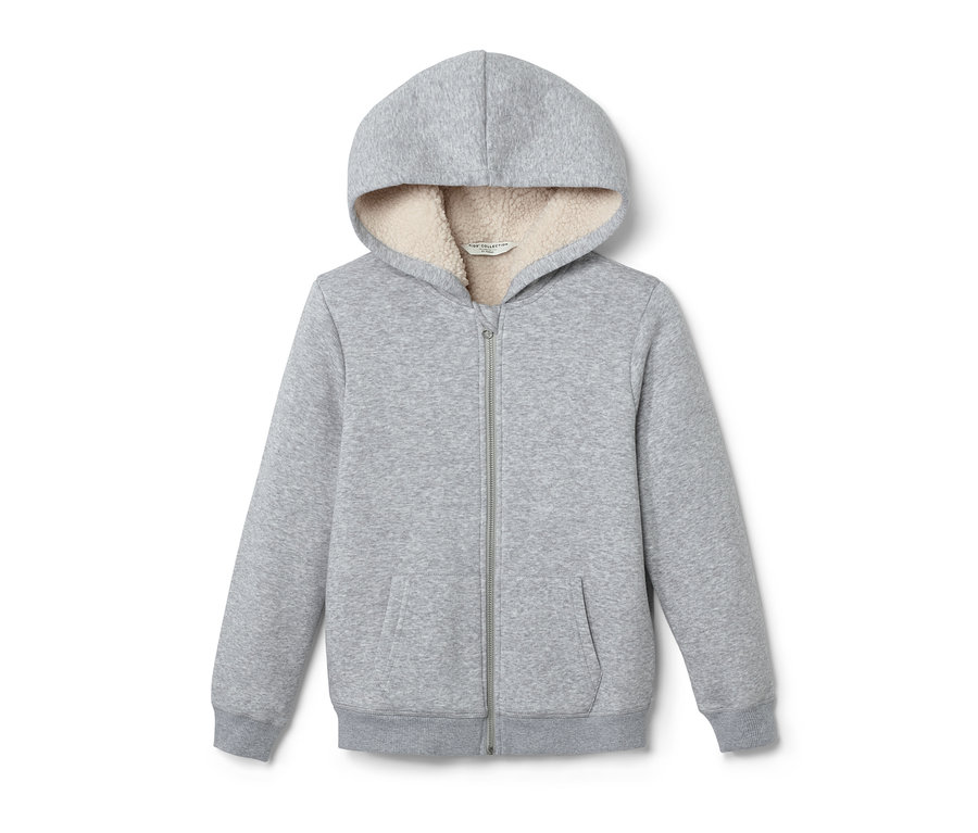 Un veste en sweat grise pour enfant avec capuche et fermeture éclair.