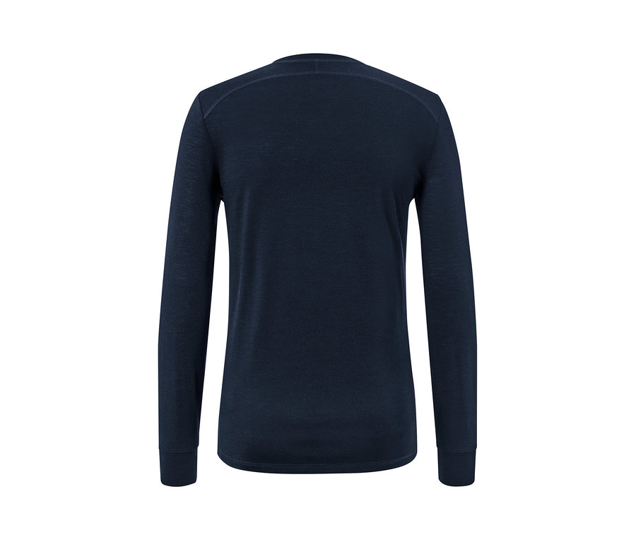 T-shirt manches longues bleu marine avec de la laine certifiée RWS, vue de dos.