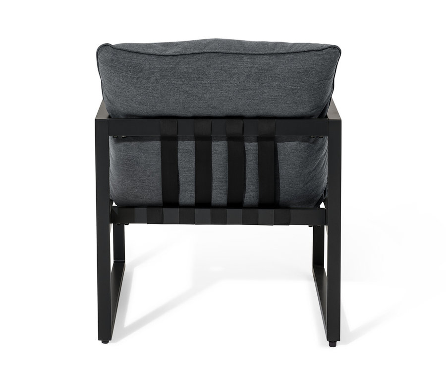 Vue arrière d'un fauteuil de relaxation avec coussin gris.