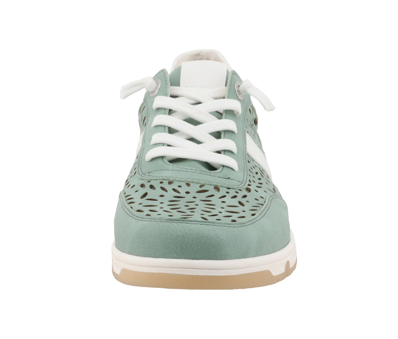 Vue de face des baskets Romika, PU menthe avec des lacets blancs.