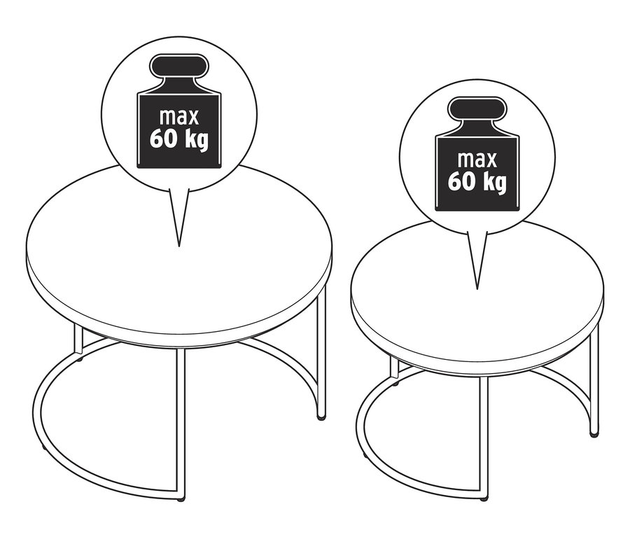 Deux tables basses avec plateau rond en béton et pieds en métal. Charge maximale 60 kg.