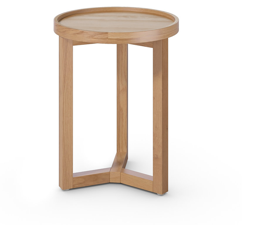 Table d'appoint ronde en bois clair avec trois pieds.
