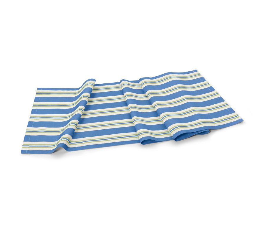 Chemin de table rayé en coton bleu, crème et vert.