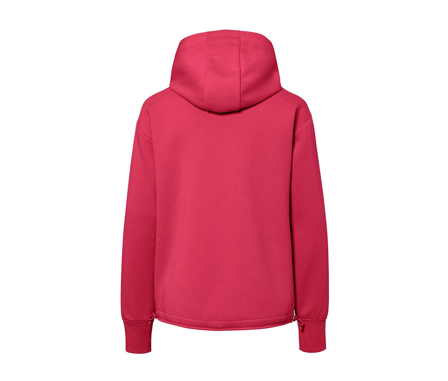 Vue arrière d'un cardigan à capuche en sweat rose baie.
